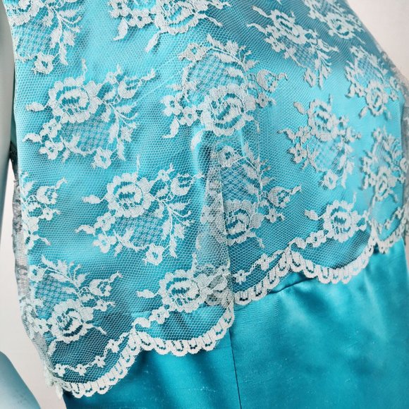 Vintage 1960s MOD Aqua Cocktail Dress Party Gown Lace Bodice Turquoise Satin M - Picture 4 of 13